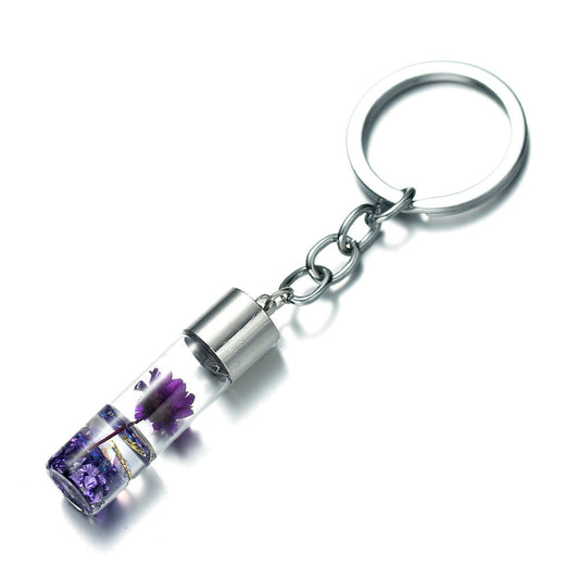 Glass Wish Bottle Keychain, Wish Drift Bottle w/ Dried Flower Pendant Charms Key Ring - Purple