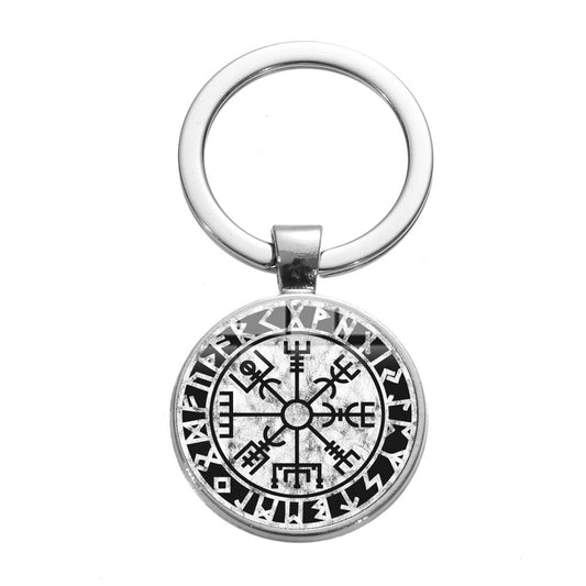 Vegvisir Symbol Nordic Viking Compass Keychain - Vintage Trinity Nordic Runes Glass Dome Keyholder Keyring