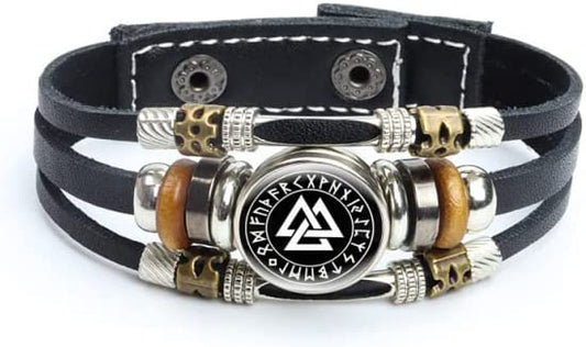 Viking Runes Valknut Retro Compass PU Leather Bracelet Hand-Woven Glass Dome Top Snap Button Wristband - Black