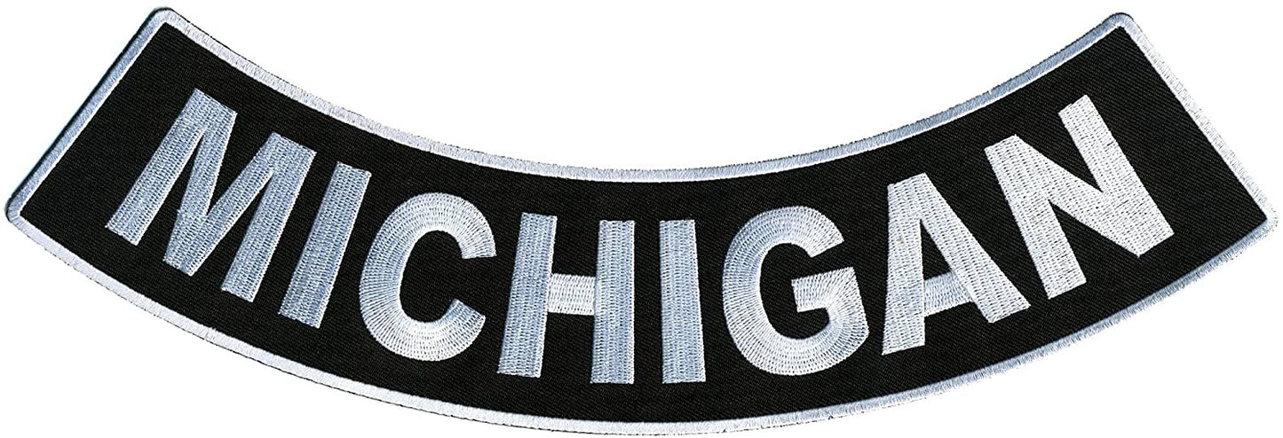 MICHIGAN BOTTOM ROCKER, PATCH - United States MICHIGAN High Thread Iron-On Heat Sealed Backing Sew-On Biker's Large Patch - 12” x 3”