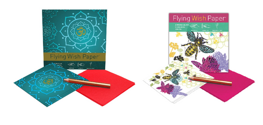 Flying Wish Paper Combo Pack, Golden Om + Just Bee, Mini Kit Combos, Write it, Light it, Watch it Fly - (2 x Mini Sets) - 5" x 5" Each