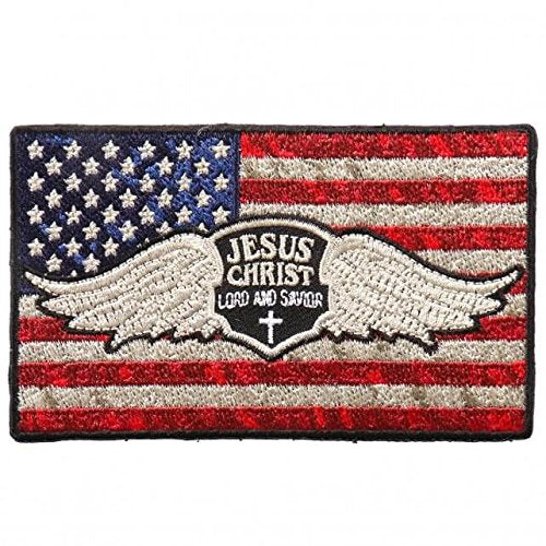 USA FLAG, PATCH - JESUS CHRIST on US American Flag Patriotic High Thread Iron-On Heat Sealed Backing Sew-On Biker's Patch - 4" x 2"