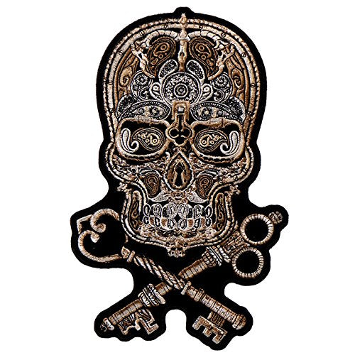KEY LOCK SKULL, High Thread Iron-On / Saw-On, Heat Sealed Backing Rayon PATCH - 6" x 9"