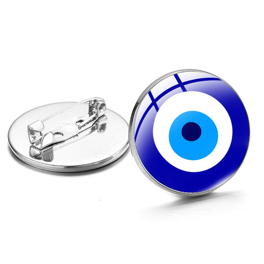 Evil Eye Blue Beaded Pin - Turkish Evil Eye w/Glass Dome Metal Brooch Badge Lapel Pin Button - 2.5cm, Silver