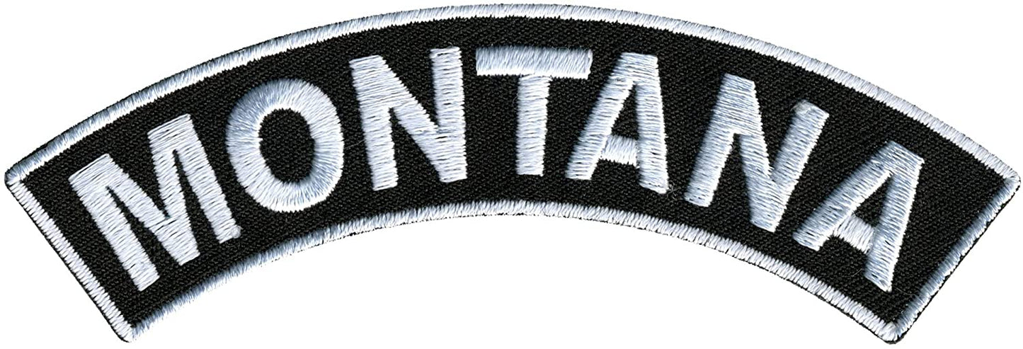 MONTANA TOP ROCKER, PATCH - US States Montana High Thread Iron-On Heat Sealed Backing Sew-On Biker's Patch - 4" x 1"