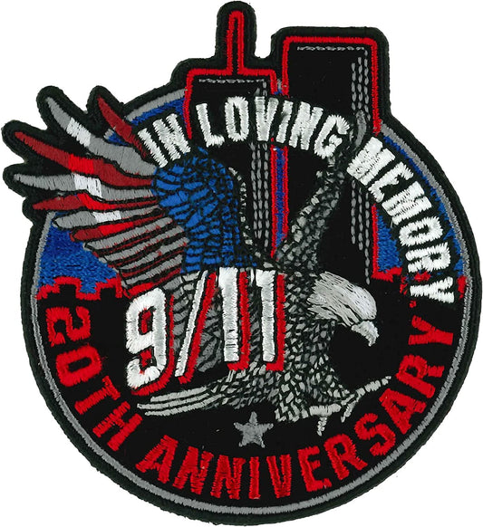 Sept 11 - 20th Anniversary 2001 - 2021, IN LOVING MEMORY, 9/11 PATCH, with the Eagle the Towers, Heat Seal Iron-On Sew-On PATCH - 3.25" x 3.5"
