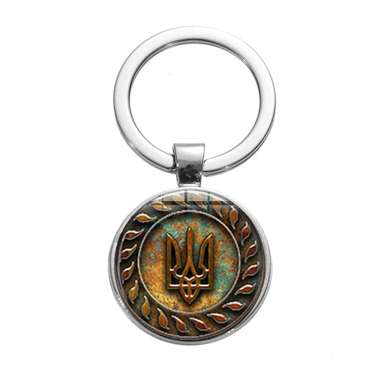 UKRAINE TRYZUB KEYCHAIN, The Ukrainian Symbol with Glass Cabochon Alloy Key Ring, 3cm