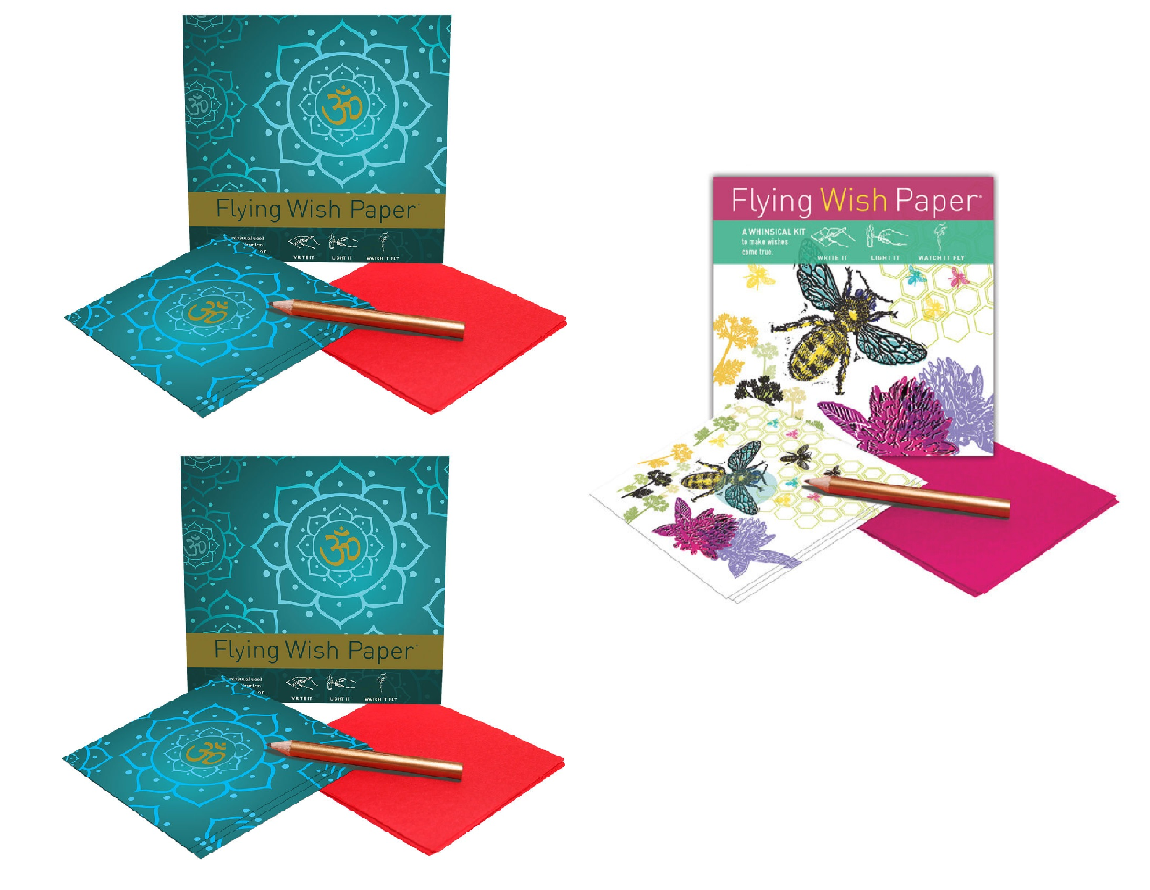 Flying Wish Paper Combo Pack, 2 x Golden Om + 1 x Just Bee, Mini Kit Combos, Write it, Light it, Watch it Fly - (3 x Mini Sets) - 5" x 5" Each