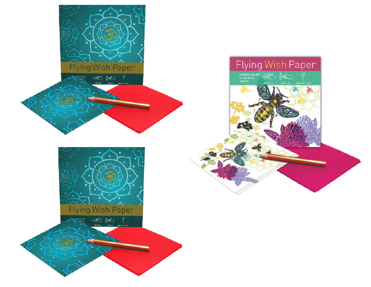 Flying Wish Paper Combo Pack, 2 x Golden Om + 1 x Just Bee, Mini Kit Combos, Write it, Light it, Watch it Fly - (3 x Mini Sets) - 5" x 5" Each
