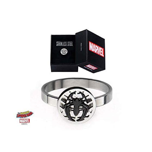 Silver Plated Brass Spider-Man Ring with Black IP Spider - Womens Ring, Size - 8