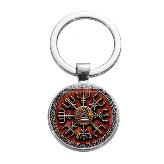 Vegvisir Valknut Symbol Nordic Viking Compass Keychain - Vintage Trinity Nordic Runes Glass Dome Keyholder Keyring