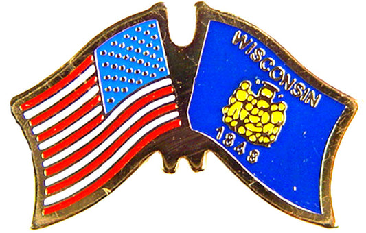 USA STATES, USA & WISCONSIN Cross Flags - Original Artwork, Expertly Designed PIN - 1.125"