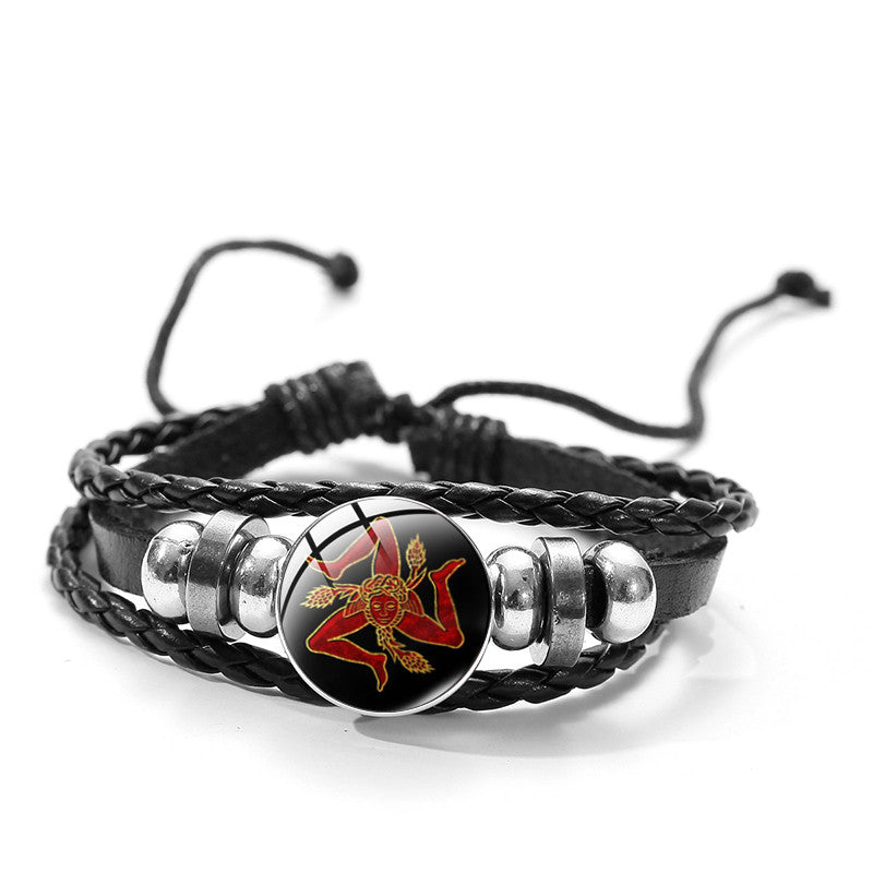 Sicilian Trinacria Charm Bracelet - Three-legged Woman w/ Glass Dome Multi-Layer PU Leather Wristband - Black