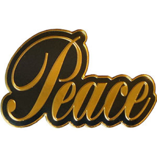 PEACE SIGNS SCRIPT ON GOLD METAL STICKER - Officially Licensed Peace Sign Orignal Artwork METAL STICKER - 3" x 3.625"