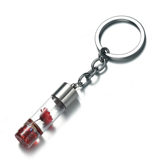 Glass Wish Bottle Keychain, Wish Drift Bottle w/ Dried Flower Pendant Charms Key Ring - Red