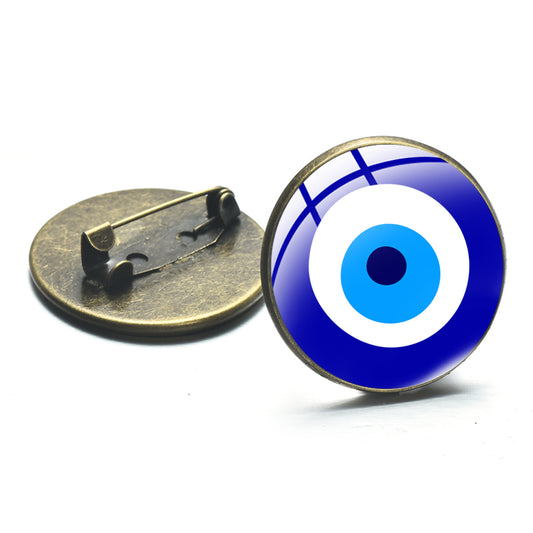 Evil Eye Blue Beaded Pin - Turkish Evil Eye w/ Glass Dome Metal Brooch Badge Lapel Pin Button - 2.5cm