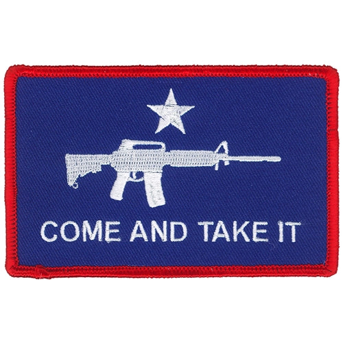 COME AND TAKE IT, RIFLE PATCH - White Rifle in Blue, Thread Iron-On Heat Sealed Backing / Sew-On PATCH - 4" x 3"