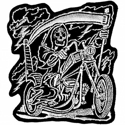 REAPER RIDER, PATCH - Reaper Rider with Motorcycle High Thread Iron-On Heat Sealed Backing Sew-On Biker's Patch - 3" x 4"
