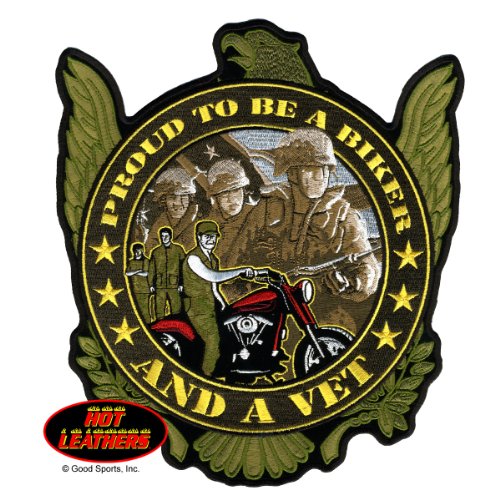 PROUD BIKER AND VET, "SOLDIERS & MOTORCYCLE", Iron-On / Saw-On Rayon PATCH - 5" x 6", Heat Sealed Backing