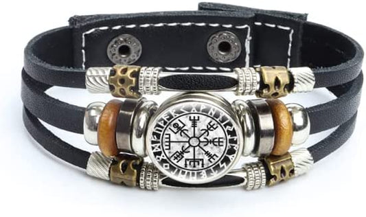 Vegvisir Symbol Nordic Viking Compass PU Leather Bracelet, Hand-Woven Glass Dome Top Snap Button Wristband - Black