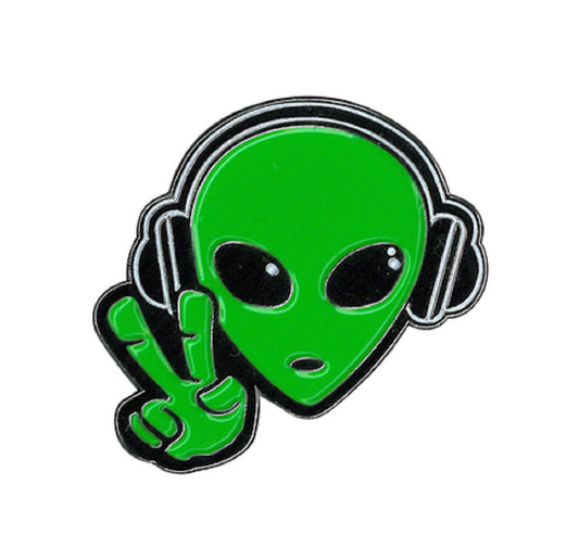 Alien Headphones Enamel Pin - Novelty Funny Super Alien and His Headphone - Quality Cute Enamel Lapel PIN - 1" x 1.5"