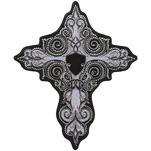 WHITE CROSS Patch with RHINESTONES - Sew Iron on, Embroidered Patch - 8" X 9"