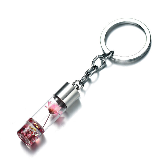 Glass Wish Bottle Keychain, Wish Drift Bottle w/ Dried Flower Pendant Charms Key Ring - Pink