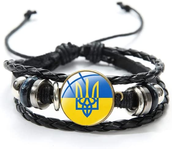 Ukraine Flag Charm Bracelet, The Tryzub - Coat of Arms of Ukraine w/ Glass Gem Multilayer PU Leather Wristband - Black