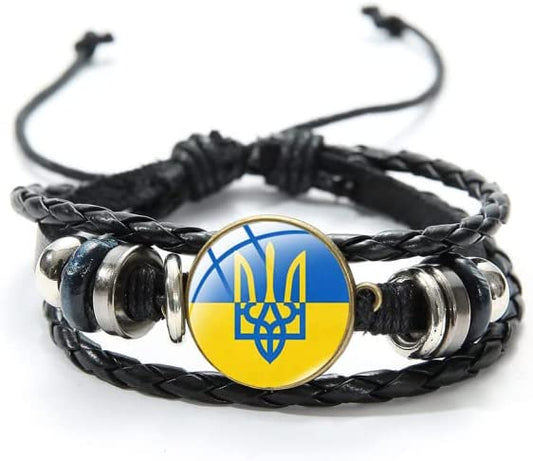 Ukraine Flag Charm Bracelet, The Tryzub - Coat of Arms of Ukraine w/ Glass Gem Multilayer PU Leather Wristband - Black