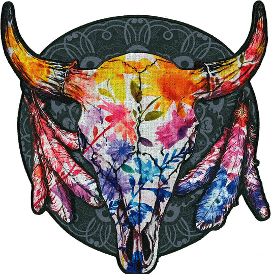 WILD FLOWERS CATTLE SKULL, PATCH - Embroidered High Thread Rayon Iron-On Heat Sealed Backing Sew-On Biker's Large Patch - 10" x 10"