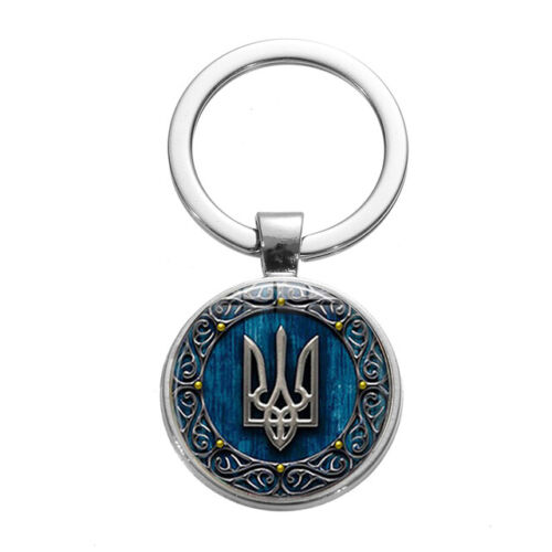 UKRAINE COAT OF ARMS KEYCHAIN, The Famous Ukrainian Symbol Tryzub Key Chain with Glass Cabochon Alloy Key Ring, 3cm