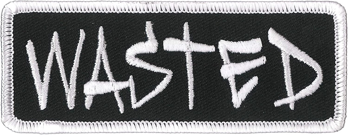 WASTED, PATCH - Black Background w/ White Border High Thread Iron-On Heat Sealed Backing Sew-On Biker's Patch - 4" x 2"
