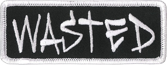 WASTED, PATCH - Black Background w/ White Border High Thread Iron-On Heat Sealed Backing Sew-On Biker's Patch - 4" x 2"