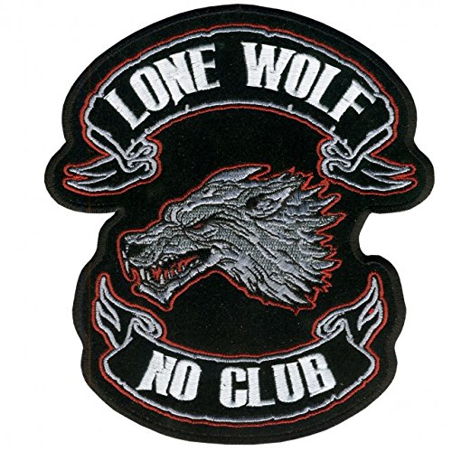 LONE WOLF NO CLUB, Iron-On / Saw-On, Heat Sealed Backing Rayon BIKER PATCH - 4" x 4"