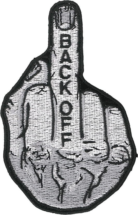 BACK OFF MIDDLE FINGER, PATCH - High Thread Iron-On Heat Sealed Backing Sew-On Biker's Patch - 2.5" x 4"