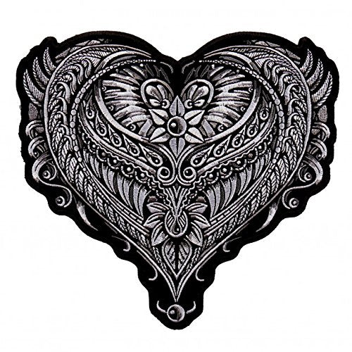 ORNATE HEART, High Thread Embroidered Iron-On / Saw-On, Heat Sealed Backing Rayon PATCH - 8" x 8"