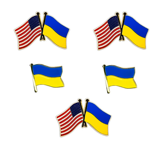 3 Peice Pack, UKRAINE / USA Cross Friendship Flag PINs + 2 x Free Ukrainian Waving Flag Lapel Pins - 1.125"