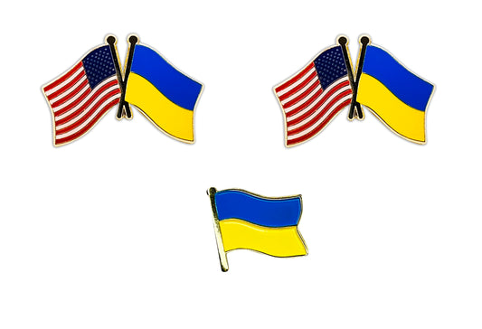 2 Peice Pack, UKRAINE / USA Cross Friendship Flag PINs + Free Ukrainian Waving Flag Lapel Pin - 1.125"