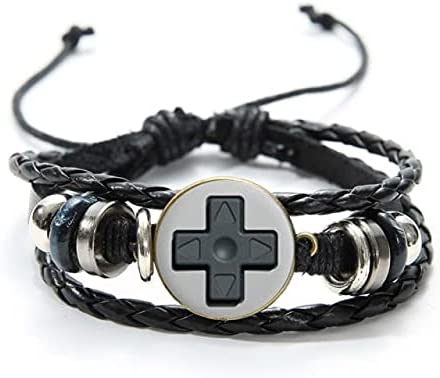 Gamers 1979 Video Game Controller Left Plus Button Gamepad Bracelet w/ Glass Dome Top PU Leather Wristband - Black