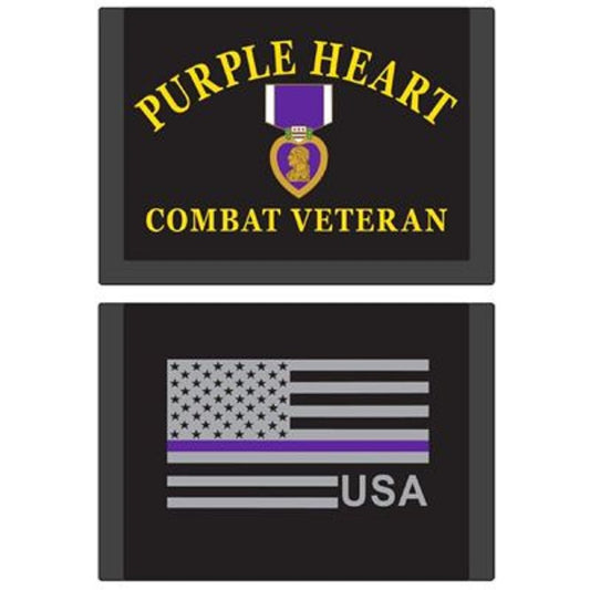 PURPLE HEART WALLET - PURPLE HEART COMBAT VETERAN - Embroidered Logo Trifold Nylon Wallet - 3.5" x 5"