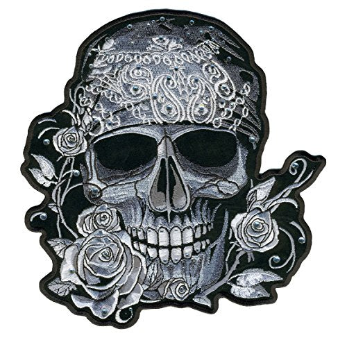 BANDANA SKULL WITH RHINESTONES, Embroidered Iron-On / Saw-On Rayon PATCH - 4" x 4", Exceptional Quality