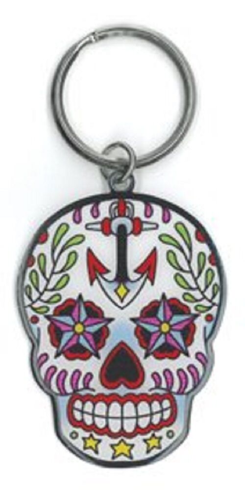 Sunny Buick - Ancre Sugar Skull, Old Skool Anchor & Nautical Stars - Cool High Quality Metal Keychain - 1.75" x 2.5" NEW