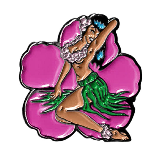 KALYNN CAMPBELL HULA GIRL PIN - American Artist's Art Hula Girl Novelty Backpack Enamel Pin - 1.25" x 1.12"