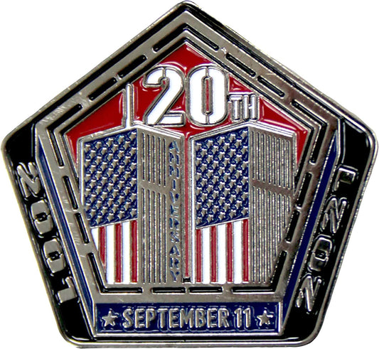 9/11 - 20th Anniversary 2001-2021 September 11 Pentagon & Towers, Pin - US Flag Patriotic Original Artwork, Expertly Designed Pewter Lapel Pin