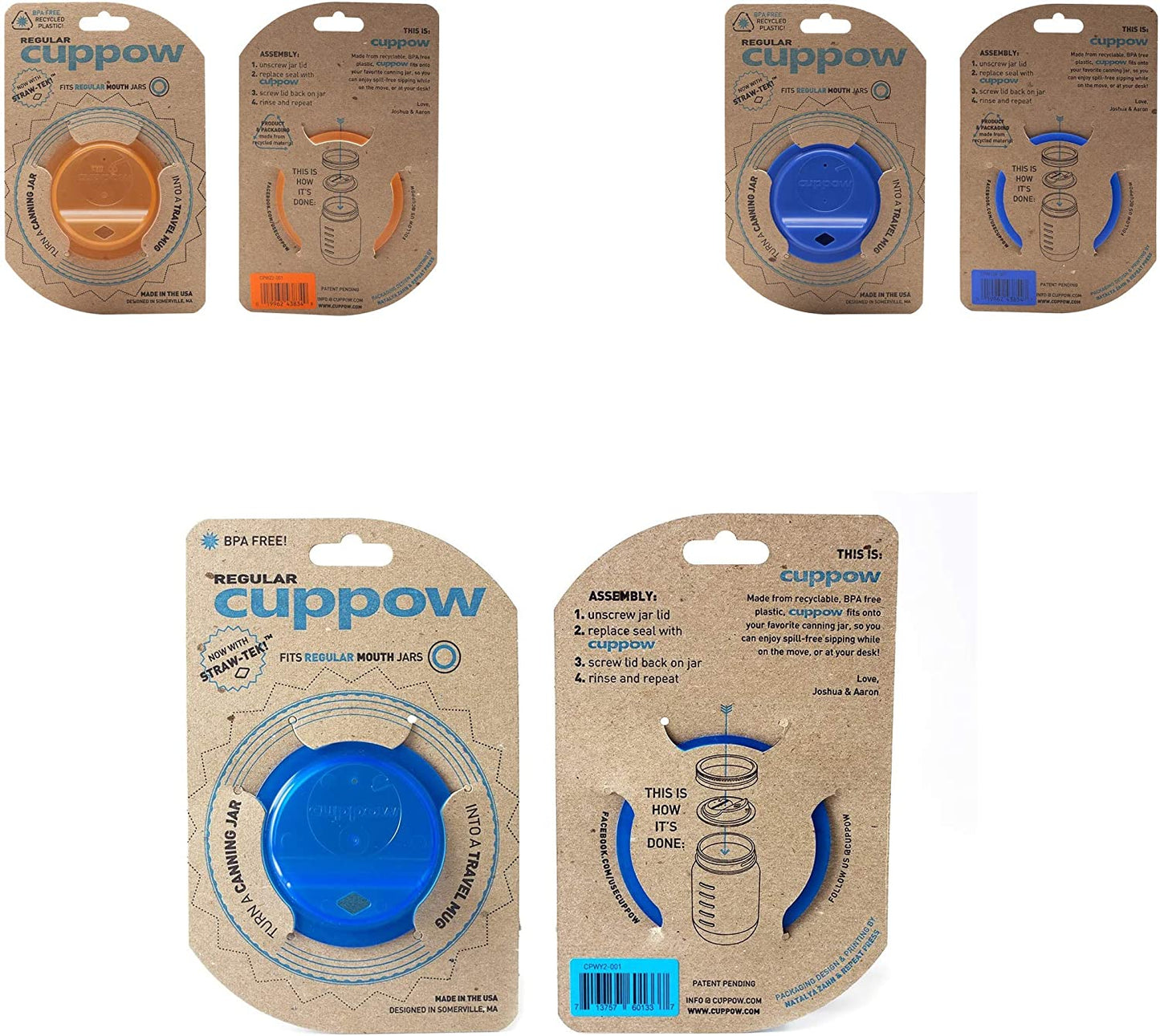CUPPOW Original Regular Mouth Canning Jar Drinking Lid, Orange/Denim/Blue, Made in USA (3-Pack)