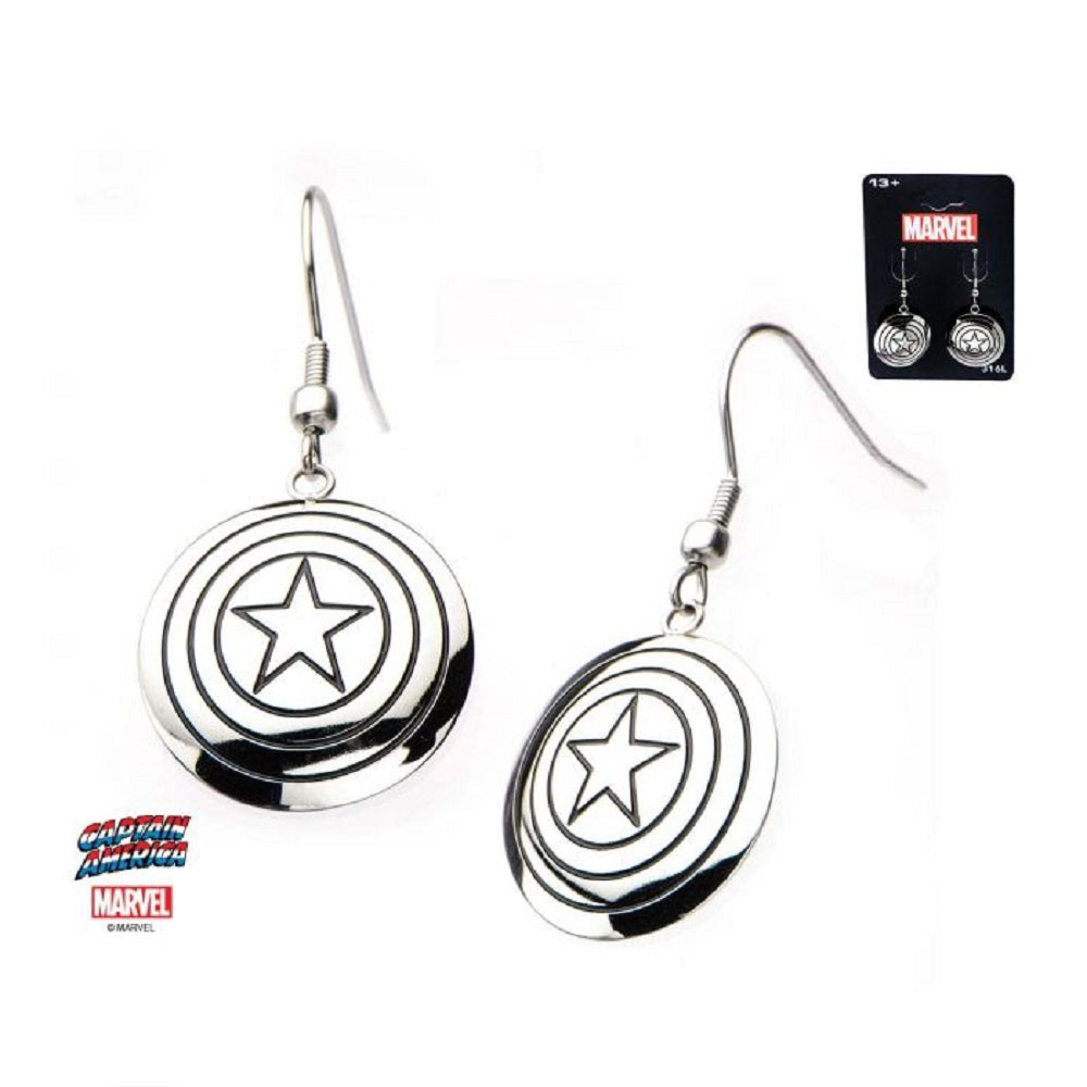 Captain America Shield Logo Earrings - Officially Licensed Marvel Women's Stainless Steel Polished Dangle Earrings
