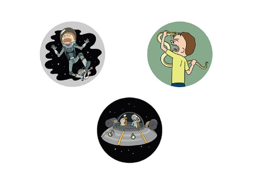 RICK & MORTY COMBO BUTTONS - Heel Bite, Spaceship & Head Bite Original Artwork Combo Pack 3 x Buttons