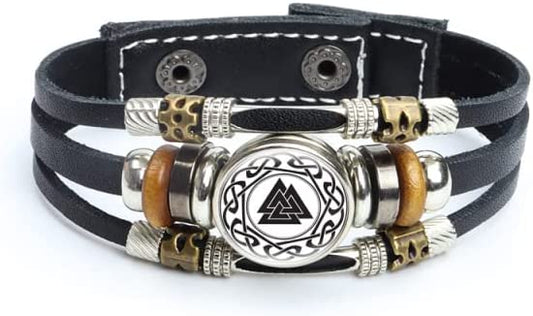 Viking Vegvisir Retro Compass PU Leather Bracelet w/ Hand-Woven Glass Dome Top Snap Button Wristband - Black