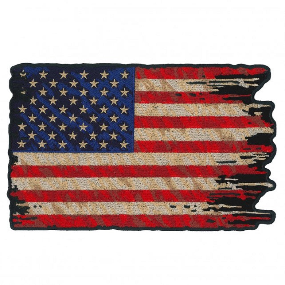 TATTERED US FLAG LARGE PATCH - Embroidered American TORN USA TATTERED FLAG, Heat Backing Iron / Sew-On PATCH - 9" x 5.5"