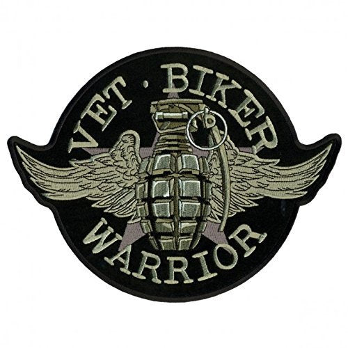 GRENADE, Vet-Biker-Warrior - High Quality Iron-On / Saw-On, Heat Sealed Backing Rayon PATCH - 10" x 8"